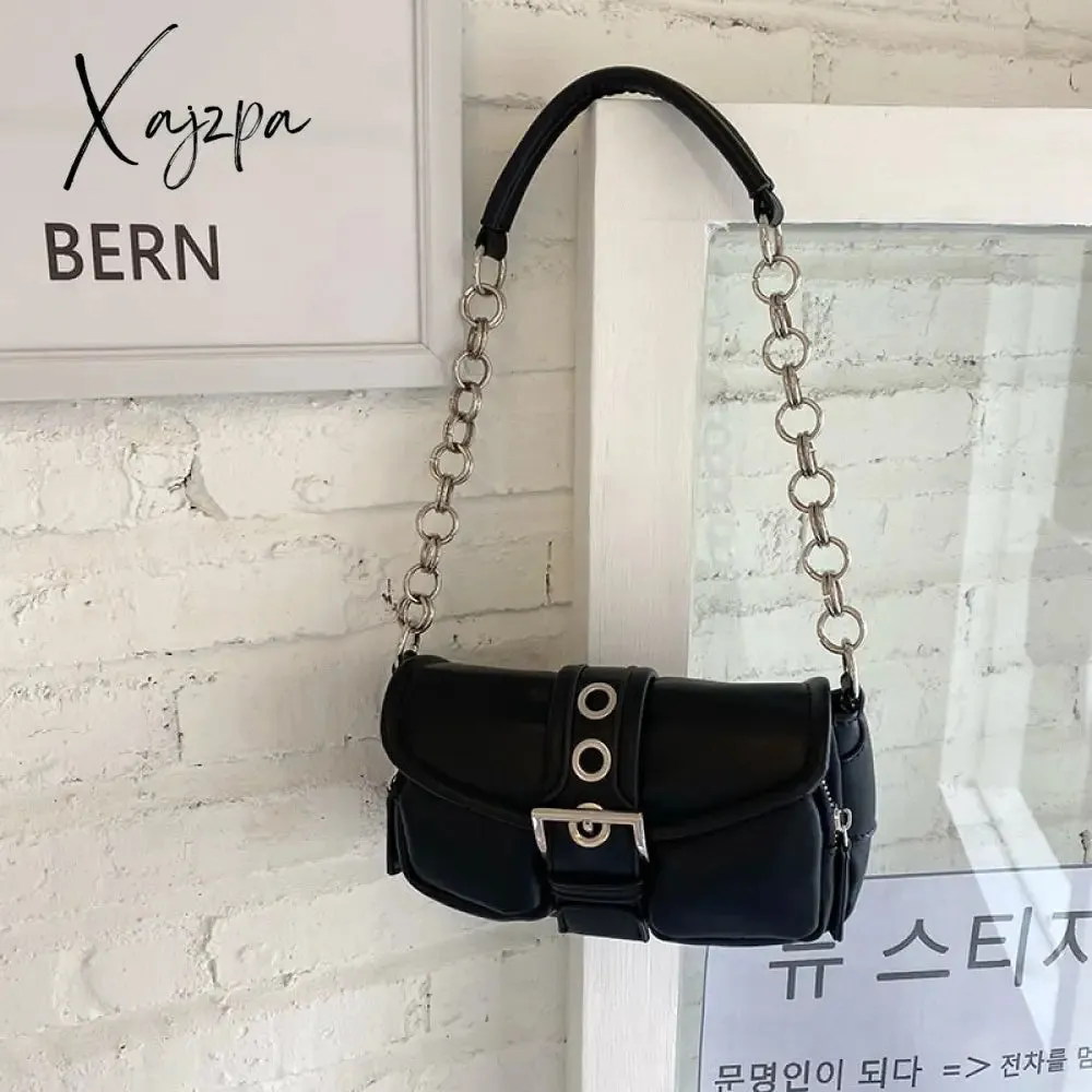 Xajzpa - Retro Women&#39;s Chain Small Shoulder Bag Solid Color PU Leather Ladies Underarm Bags Fashion Female Armpit Bag Tote Purse Handbags