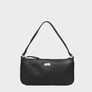 'ZARA' Black Soft Pebble Grain Real Leather Baguette Shoulder Bag